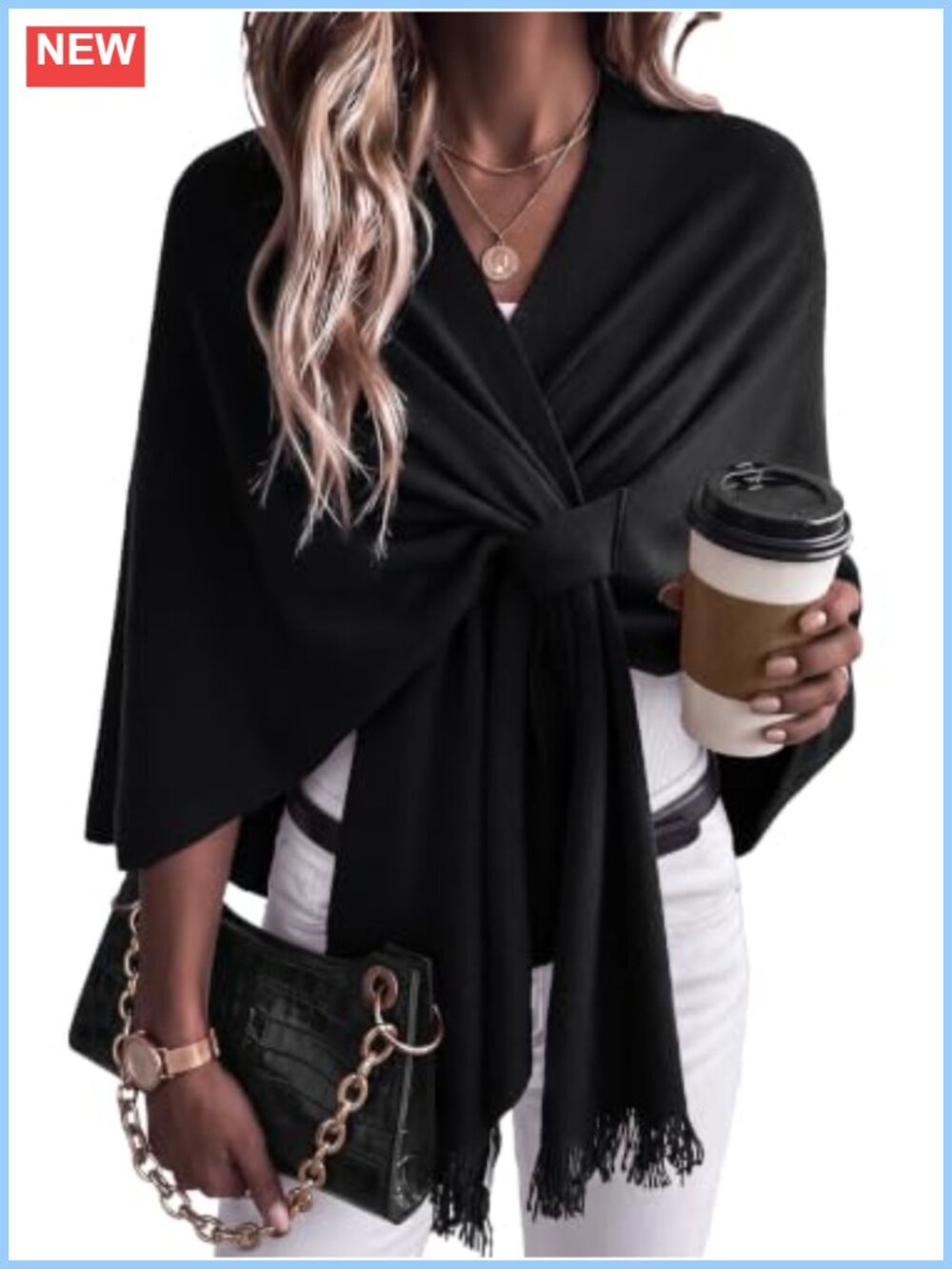 Wool Blend Front Loop Fleece Wrap Shawl Fringe Hem One Size